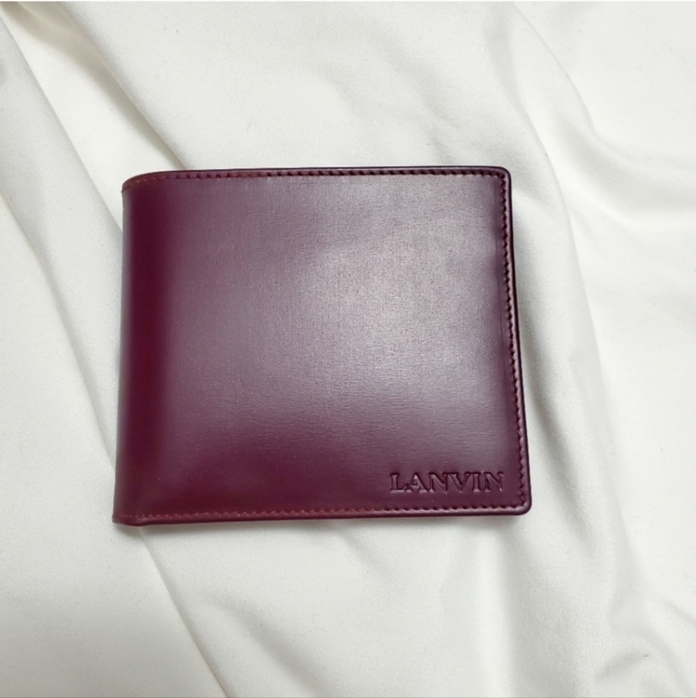 Authentic LANVIN PARIS Bifold Wallet Burgundy Leather Gold Logo France